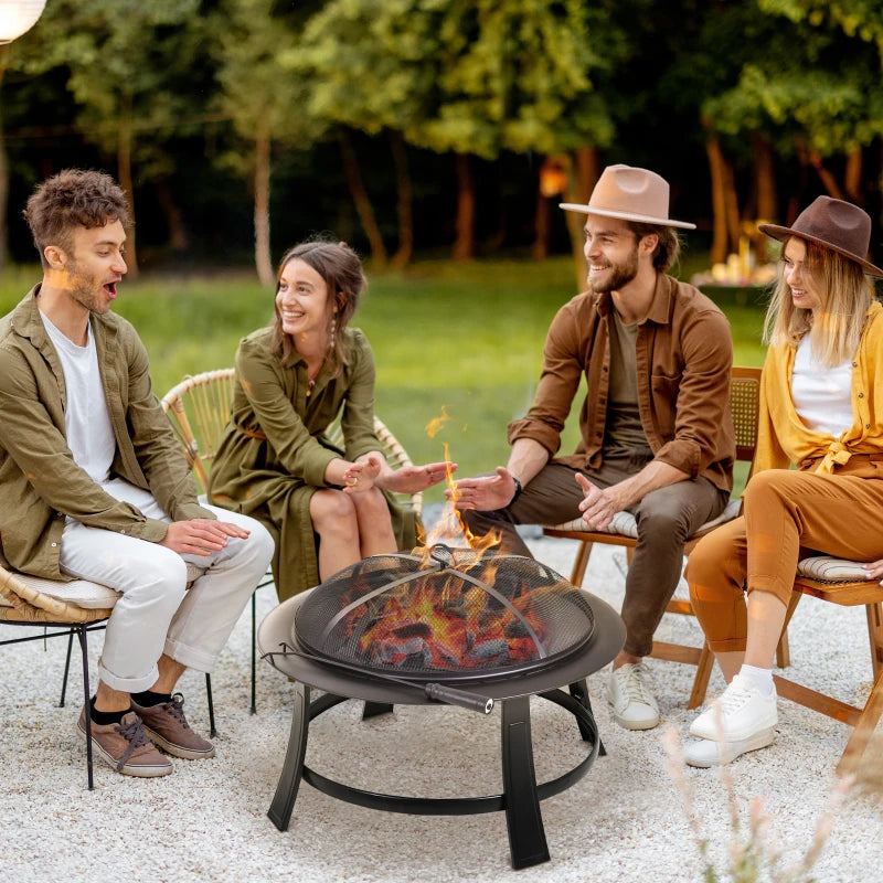 Outsunny Outdoor Round Metal Fire Pit Φ75.5cm with Poker Wood Grate for Garden Patio Black