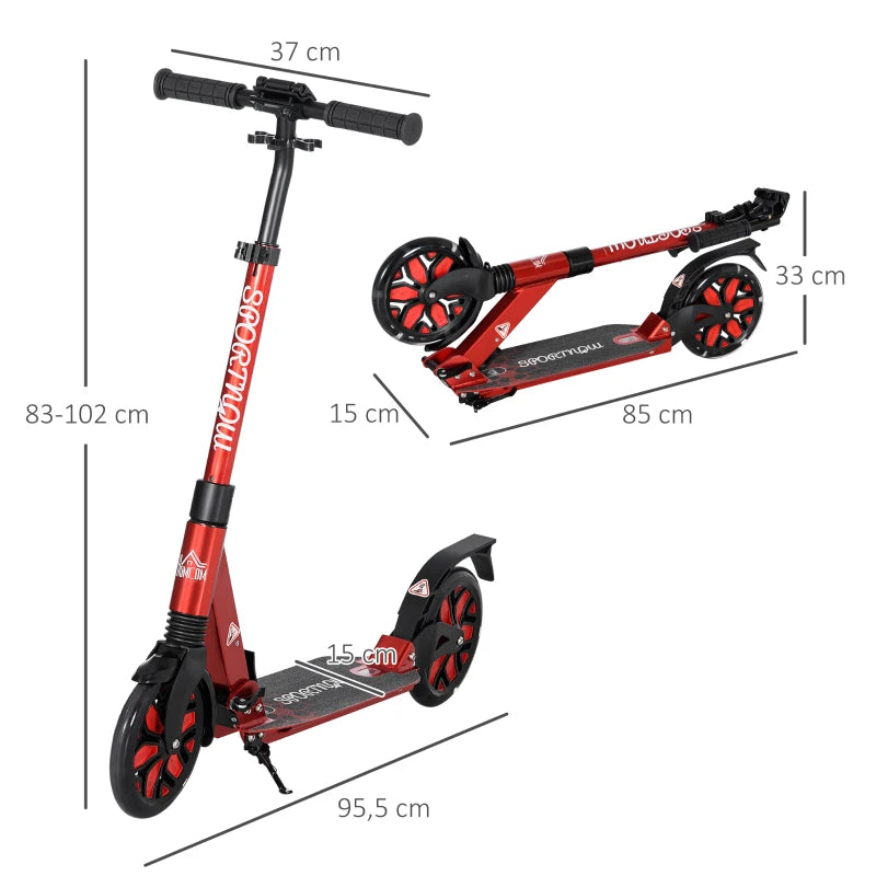 Foldable Adjustable Kick Scooter, with Dual Shock Absorber and ABEC-9 Bearing - Red