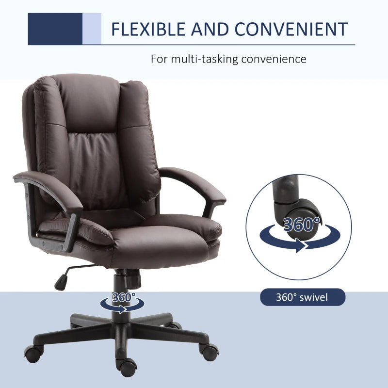 HOMCOM Mid Back Executive Office Chair, Faux Leather Computer Desk Chair with Swivel, Double-Tier Padding, Arm, Wheels, Brown