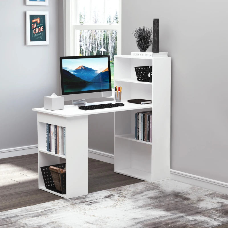 HOMCOM 120cm Modern Computer Desk Bookshelf Writing Table Workstation White 6 Shelves