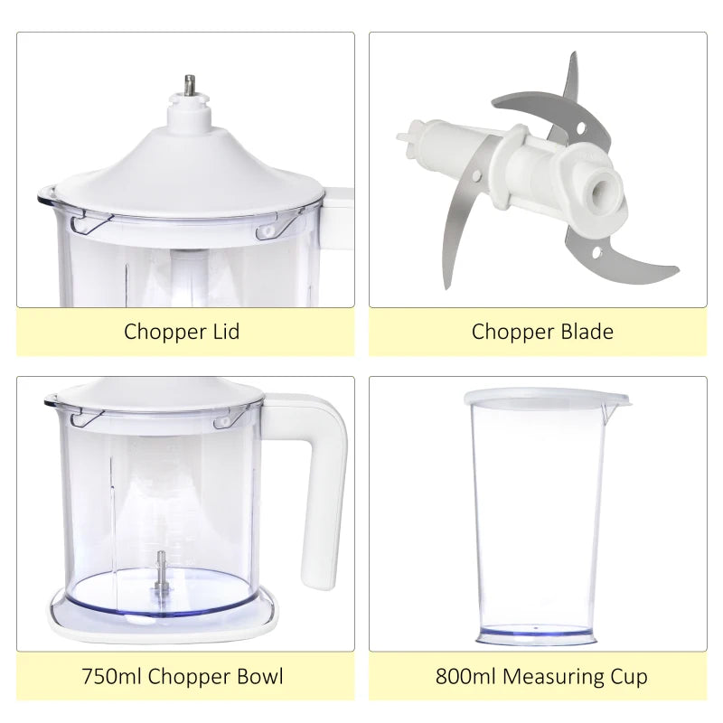 HOMCOM Five-In-One Hand Mixer 500W Electric Whisk Five Speed w/ Stainless Steel Dough Hook Beater Blender Chopper for Kitchen Baking - White