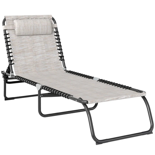 Outsunny Outdoor Foldable Sun Lounger, Patio 4 Level Adjustable Backrest Reclining Chaise Chair, Steel Frame Recliner Chair with Breathable Mesh Fabric Seat, Cream White
