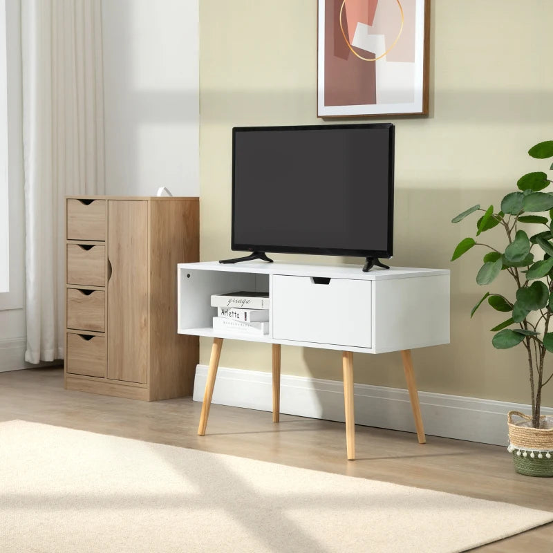 HOMCOM TV Cabinet, TV Unit for TVs up to 47", TV Table with Shelf and Drawer, Entertainment Centre with Cable Hole for Living Room, White