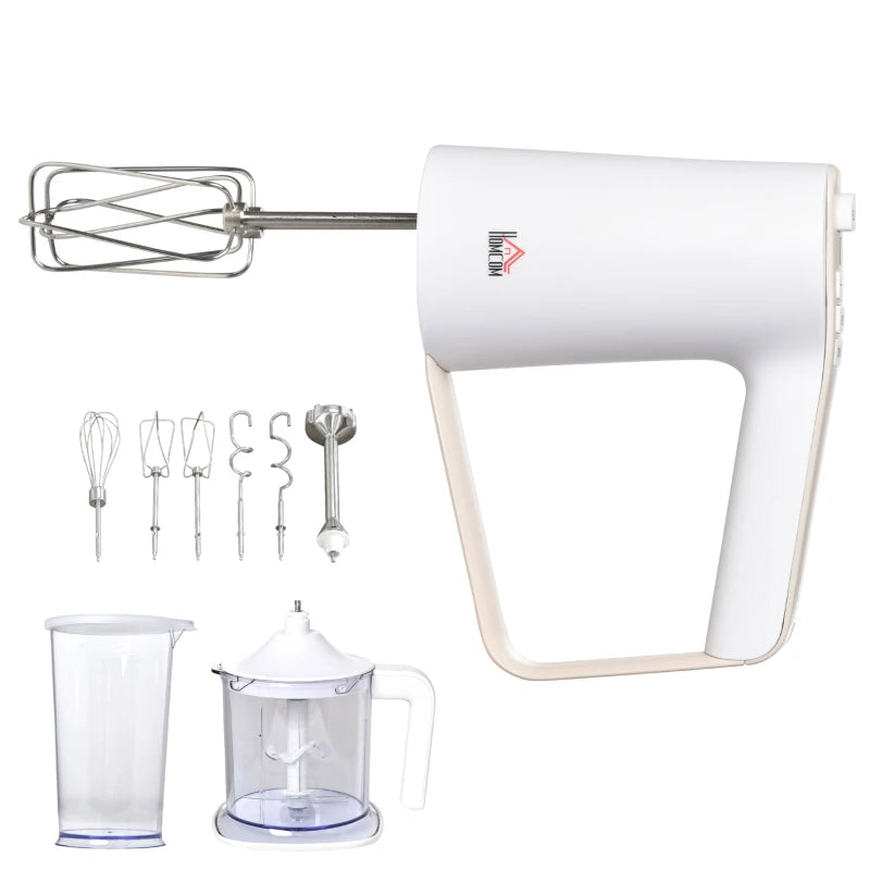 HOMCOM Five-In-One Hand Mixer 500W Electric Whisk Five Speed w/ Stainless Steel Dough Hook Beater Blender Chopper for Kitchen Baking - White