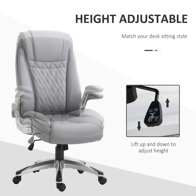 Vinsetto High Back Executive Office Chair, Height Adjustable PU Leather Ergonomic Chair, with Flip-up Arm, 360-Degree Swivel & Wheels, Grey