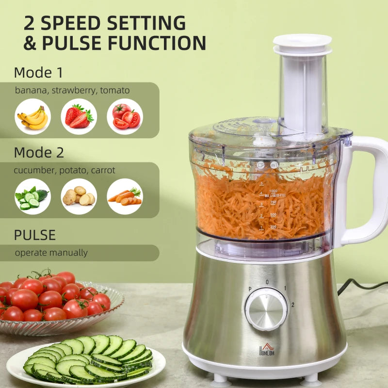 HOMCOM Electric Blender with 1L Bowl, 1.5L Blender, Knife Blades, Reversible Slicing and Grating Discs, Adjustable Speed and Pulse, 500W