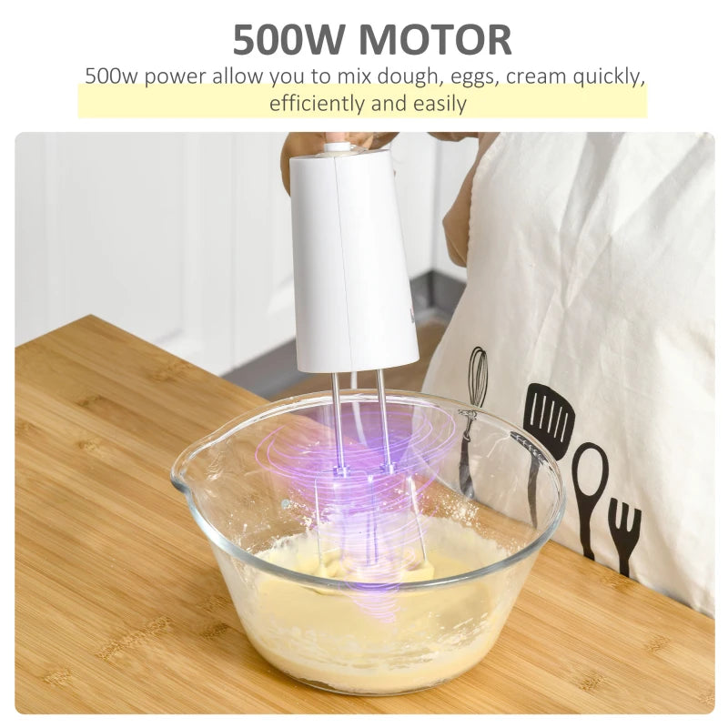 HOMCOM Five-In-One Hand Mixer 500W Electric Whisk Five Speed w/ Stainless Steel Dough Hook Beater Blender Chopper for Kitchen Baking - White