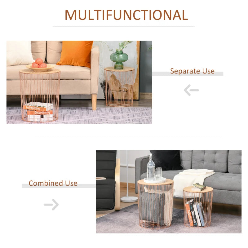 HOMCOM Metal Base MDF Top Duo-Pack Lift-Top Bedside Table Rose Gold