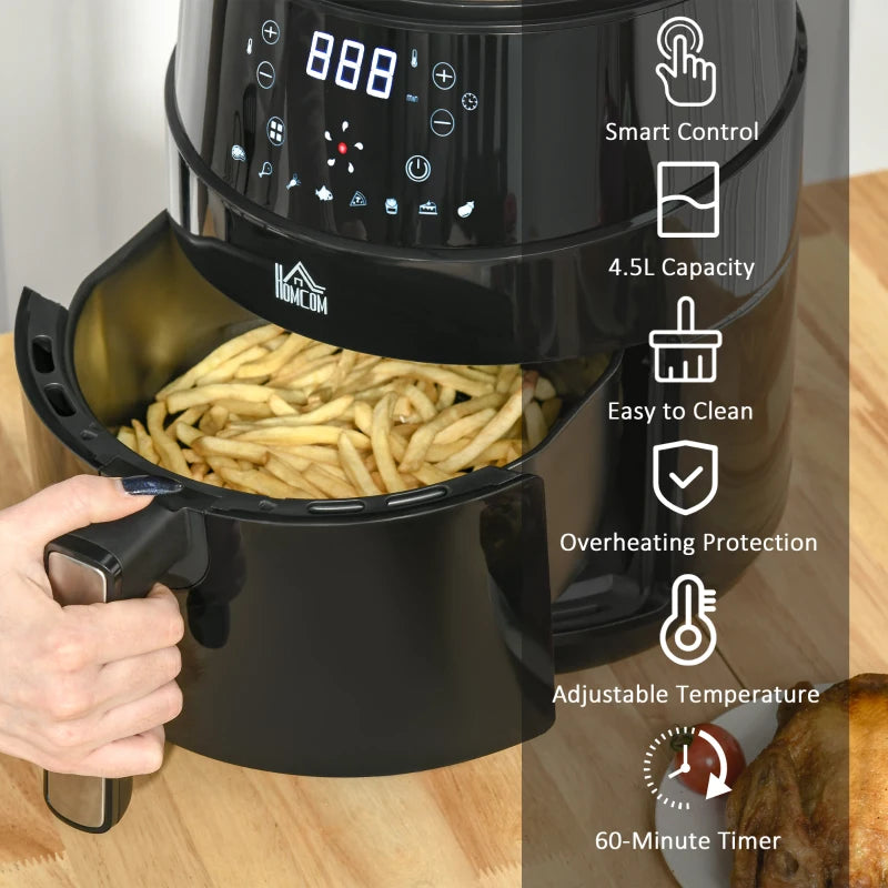 HOMCOM 1500W 4.5L Air Fryers, Air Fryers Oven with Digital Display, Rapid Air Circulation, Adjustable Temperature, Timer and Nonstick Basket, Black