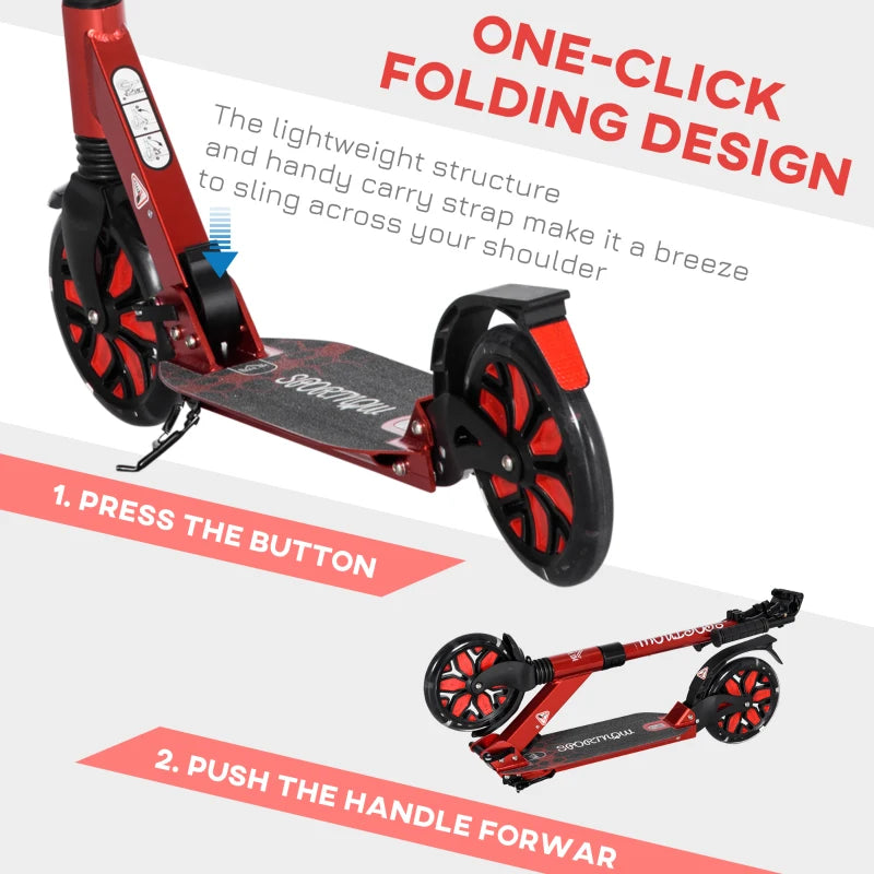 Foldable Adjustable Kick Scooter, with Dual Shock Absorber and ABEC-9 Bearing - Red