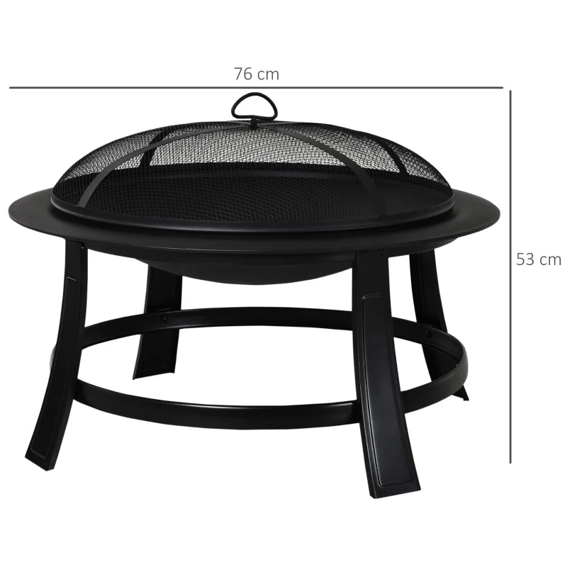 Outsunny Outdoor Round Metal Fire Pit Φ75.5cm with Poker Wood Grate for Garden Patio Black