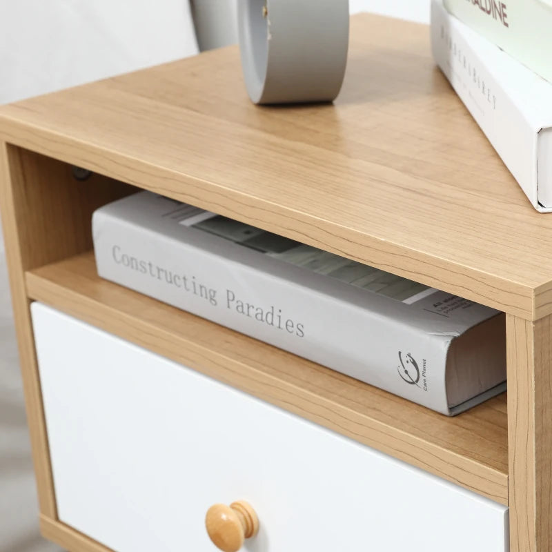HOMCOM Wooden Bedside Table, with Drawer and Shelf, Modern Nightstand, End Table for Living Room, Bedroom, Natural