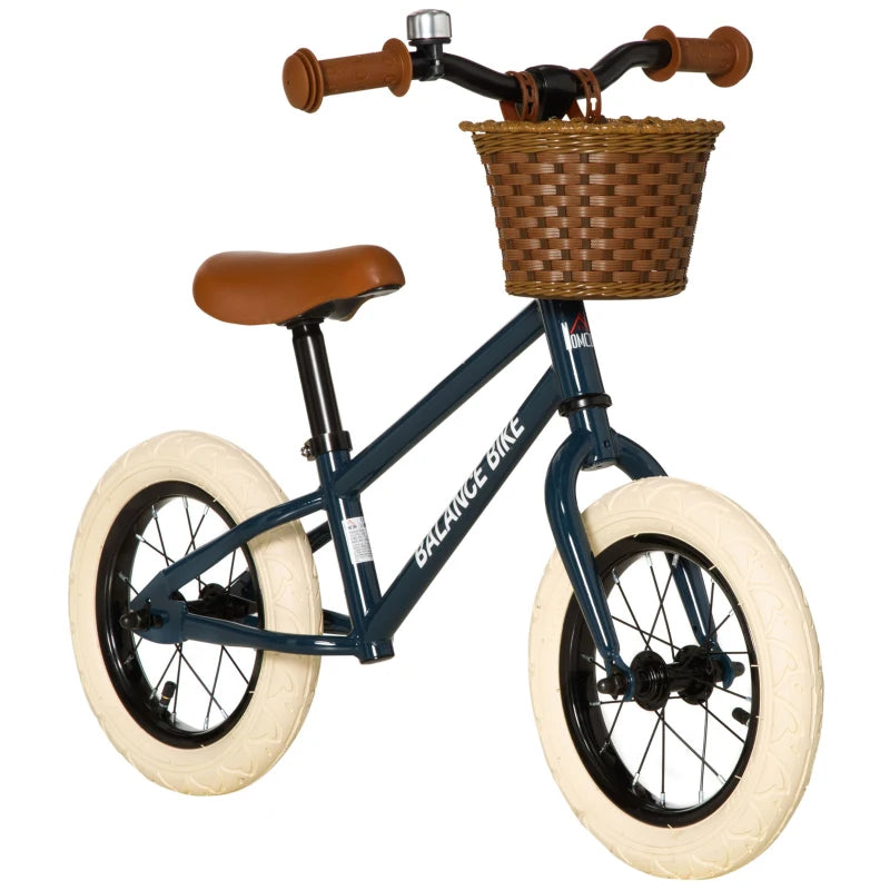 HOMCOM 12 Inch Kids Balance Bike Toddler No Pedal Training Bicycle with Rubber Tires Adjustable Handlebar Basket Bell for 3-6 Year Old Boys Girls, Brown