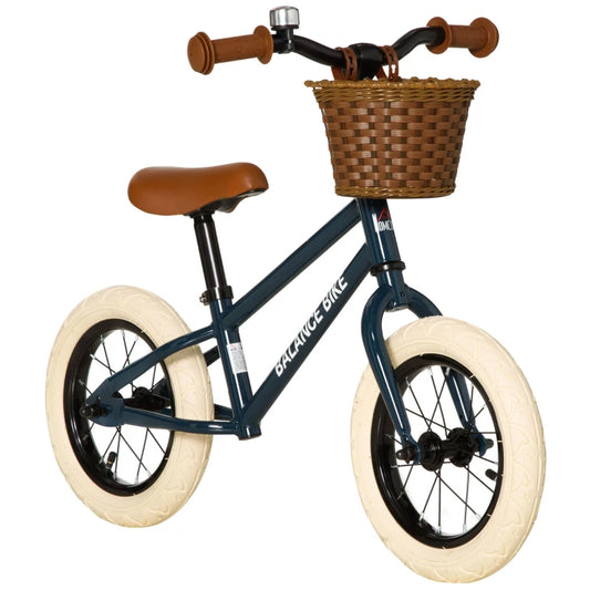 HOMCOM 12 Inch Kids Balance Bike Toddler No Pedal Training Bicycle with Rubber Tires Adjustable Handlebar Basket Bell for 3-6 Year Old Boys Girls, Brown