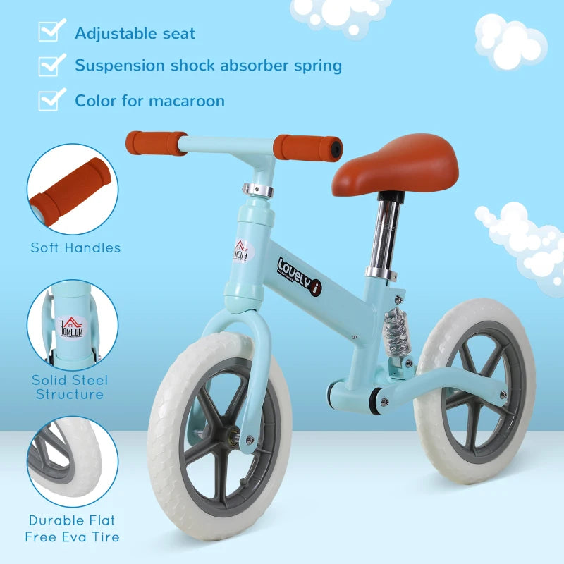 HOMCOM 12" Kids Balance Bike No Pedal Bicycle Adjustable Seat Toddler Training Bike W/ Shock Absorber 2 - 5 Years Blue