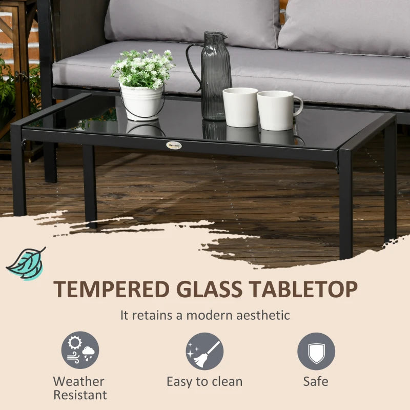 Outsunny 4 Piece Metal Garden Furniture Set - Includes Tempered Glass Coffee Table, Texteline Pocket, Outdoor Patio Set with Loveseat, Single Armchairs and Padded Cushions, Light Grey