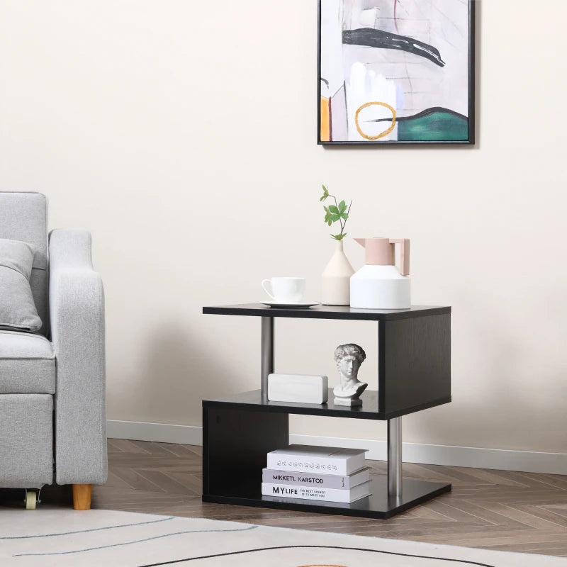HOMCOM S-Shaped Coffee Table, Cube End Table with 2 Tier Storage Shelves for Living Room, Bedroom, Black