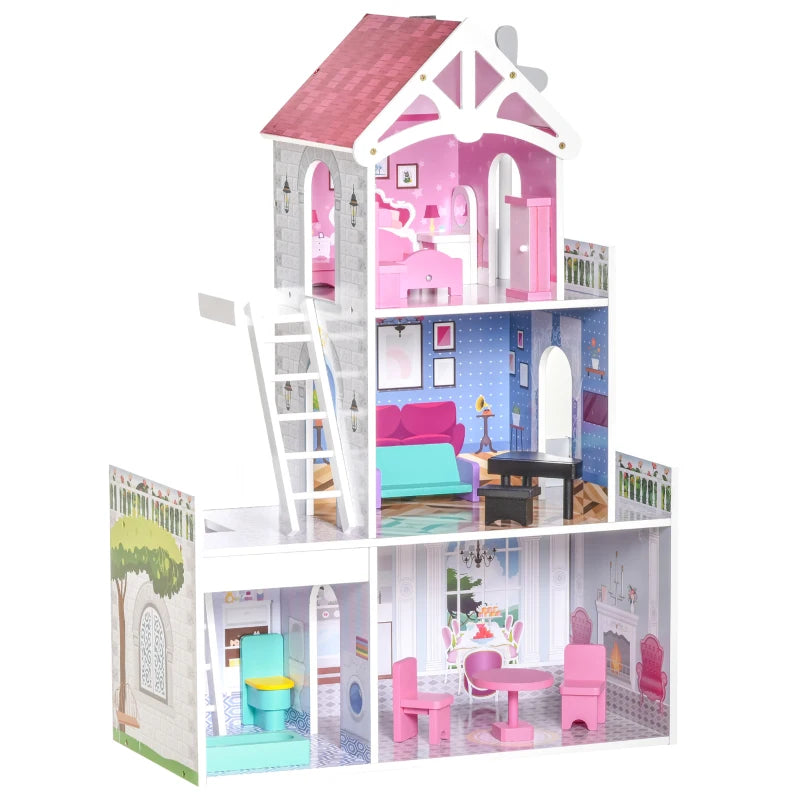 HOMCOM Kids 3 Storey Dollhouse with Furniture Accessories for Toddler Girls Aged 3-6 Years Pink