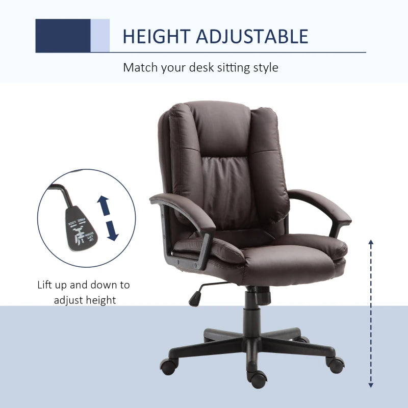 HOMCOM Mid Back Executive Office Chair, Faux Leather Computer Desk Chair with Swivel, Double-Tier Padding, Arm, Wheels, Brown