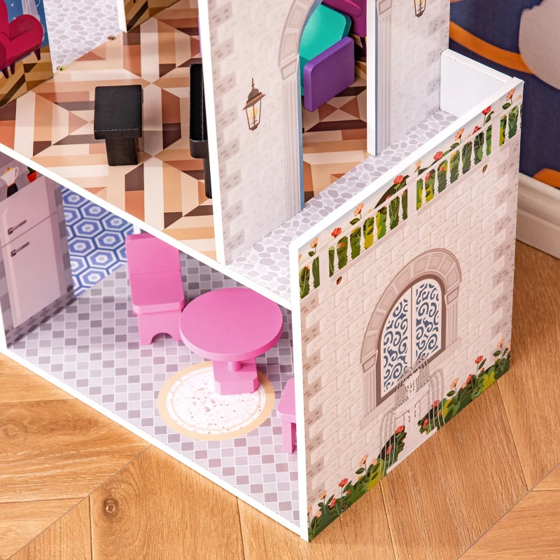 HOMCOM Kids 3 Storey Dollhouse with Furniture Accessories for Toddler Girls Aged 3-6 Years Pink