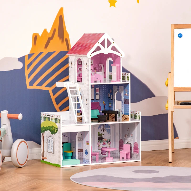 HOMCOM Kids 3 Storey Dollhouse with Furniture Accessories for Toddler Girls Aged 3-6 Years Pink