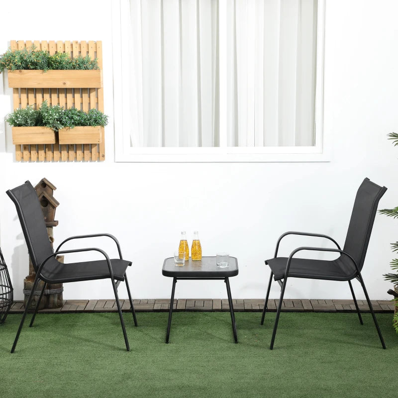3 Pieces Outdoor Bistro Set, Stackable Armchairs and SPC Board Coffee Table, Black