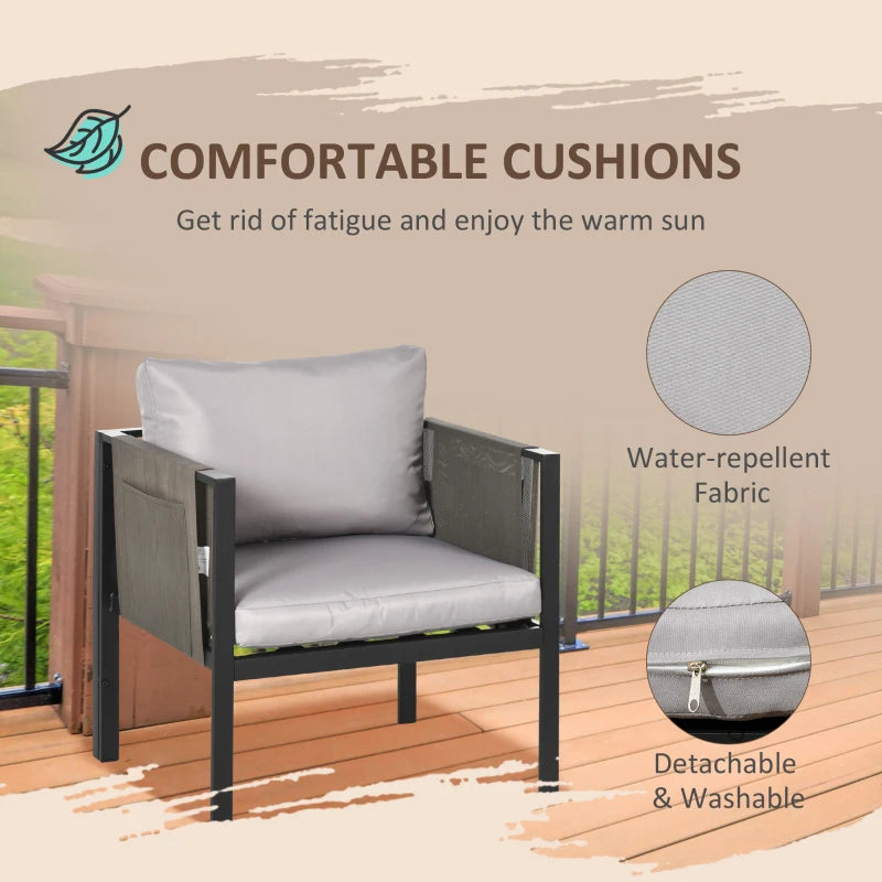 Outsunny 4 Piece Metal Garden Furniture Set - Includes Tempered Glass Coffee Table, Texteline Pocket, Outdoor Patio Set with Loveseat, Single Armchairs and Padded Cushions, Light Grey