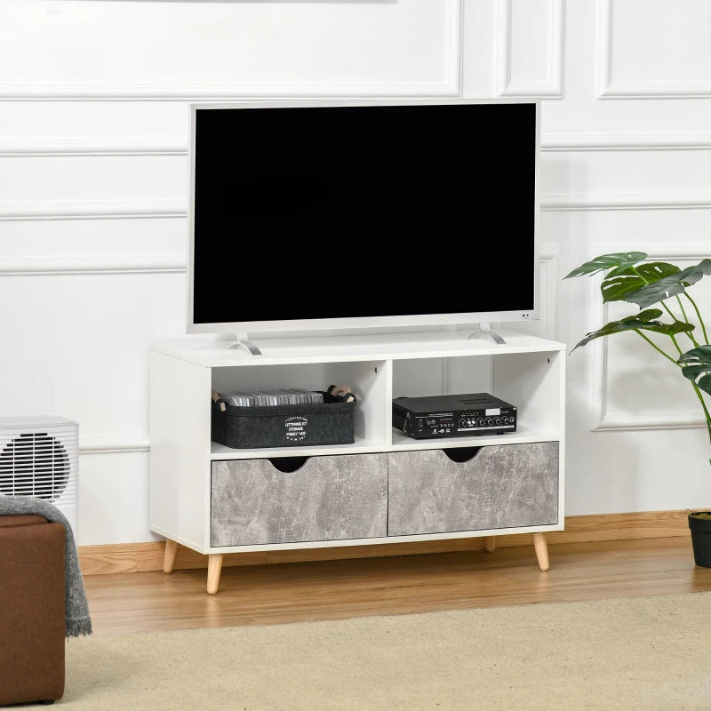 HOMCOM TV Unit for TVs up to 42", TV Stand Cabinet with 2 Open Shelves, 2 Drawers and Wooden Legs, Modern Entertainment Unit for Living Room, Grey