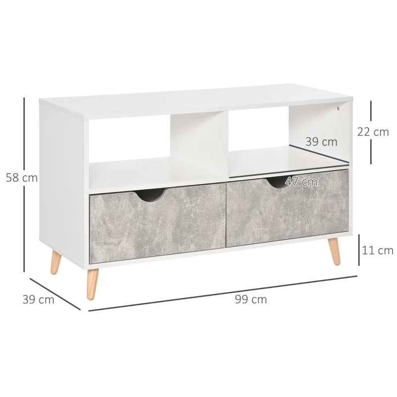 HOMCOM TV Unit for TVs up to 42", TV Stand Cabinet with 2 Open Shelves, 2 Drawers and Wooden Legs, Modern Entertainment Unit for Living Room, Grey
