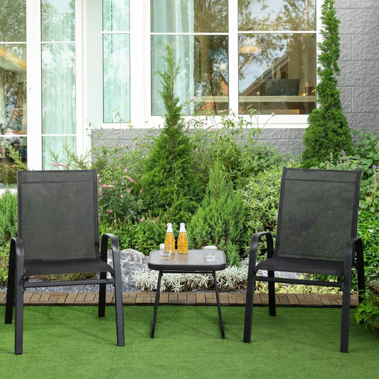 3 Pieces Outdoor Bistro Set, Stackable Armchairs and SPC Board Coffee Table, Black