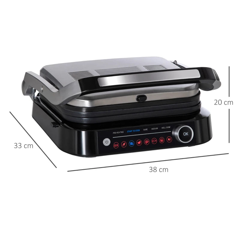 HOMCOM 2100W Health Grill & Panini Press, Electric Non-stick Grill with 8 Automatic Settings, 180° Flat Open, Drip Tray, Removable Plate, Floating Hinges
