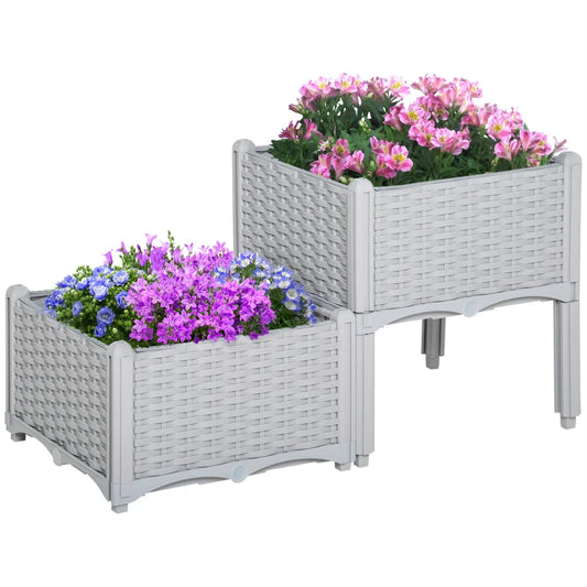 Outsunny 40cm x 40cm x 44cm Set of 2 26L Garden Raised Bed Elevated Patio Flower Plant Planter Box PP Vegetables Planting Container, Grey
