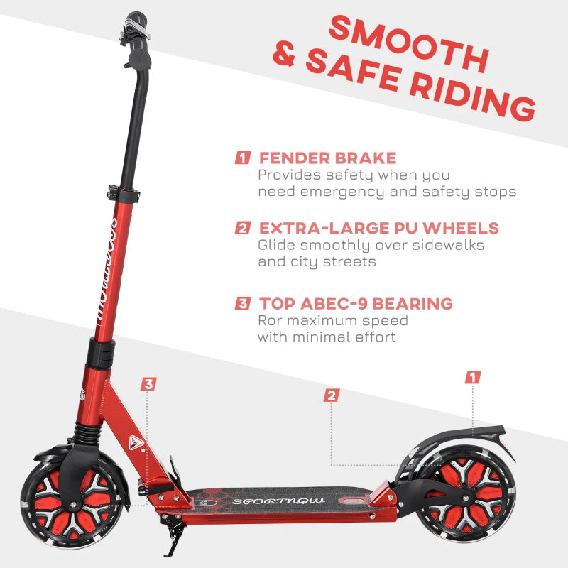 Foldable Adjustable Kick Scooter, with Dual Shock Absorber and ABEC-9 Bearing - Red