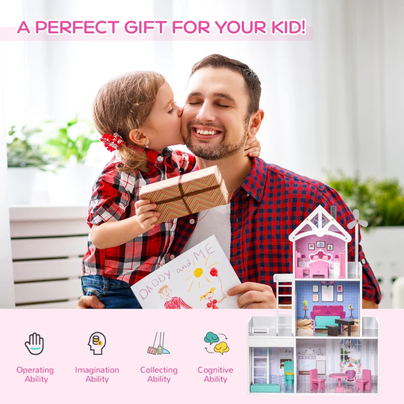 HOMCOM Kids 3 Storey Dollhouse with Furniture Accessories for Toddler Girls Aged 3-6 Years Pink