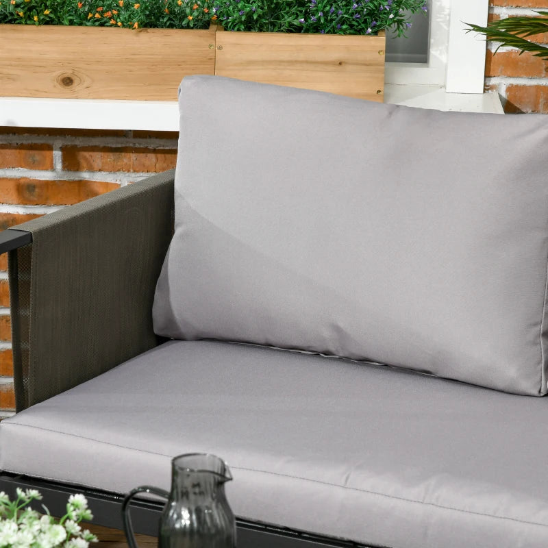 Outsunny 4 Piece Metal Garden Furniture Set - Includes Tempered Glass Coffee Table, Texteline Pocket, Outdoor Patio Set with Loveseat, Single Armchairs and Padded Cushions, Light Grey