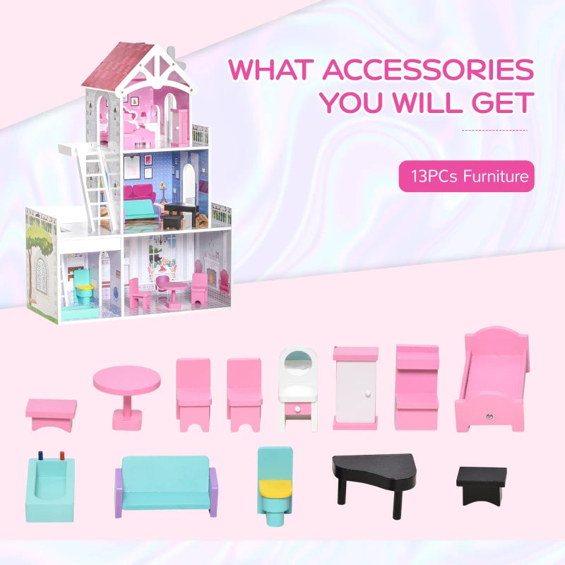 HOMCOM Kids 3 Storey Dollhouse with Furniture Accessories for Toddler Girls Aged 3-6 Years Pink
