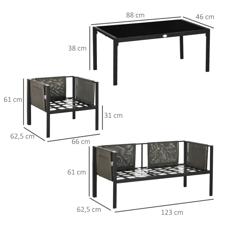 Outsunny 4 Piece Metal Garden Furniture Set - Includes Tempered Glass Coffee Table, Texteline Pocket, Outdoor Patio Set with Loveseat, Single Armchairs and Padded Cushions, Light Grey