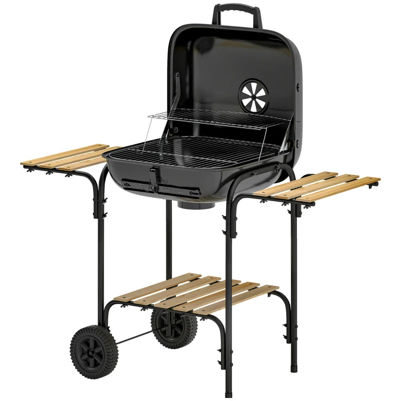 Outsunny Charcoal Barbecue Grill Portable BBQ Grill with 1840 cm² Cooking Area, 3 Shelves, Adjustable Vent, Lockable Lid, Wheels for Outdoor Cooking, Garden Party, Black