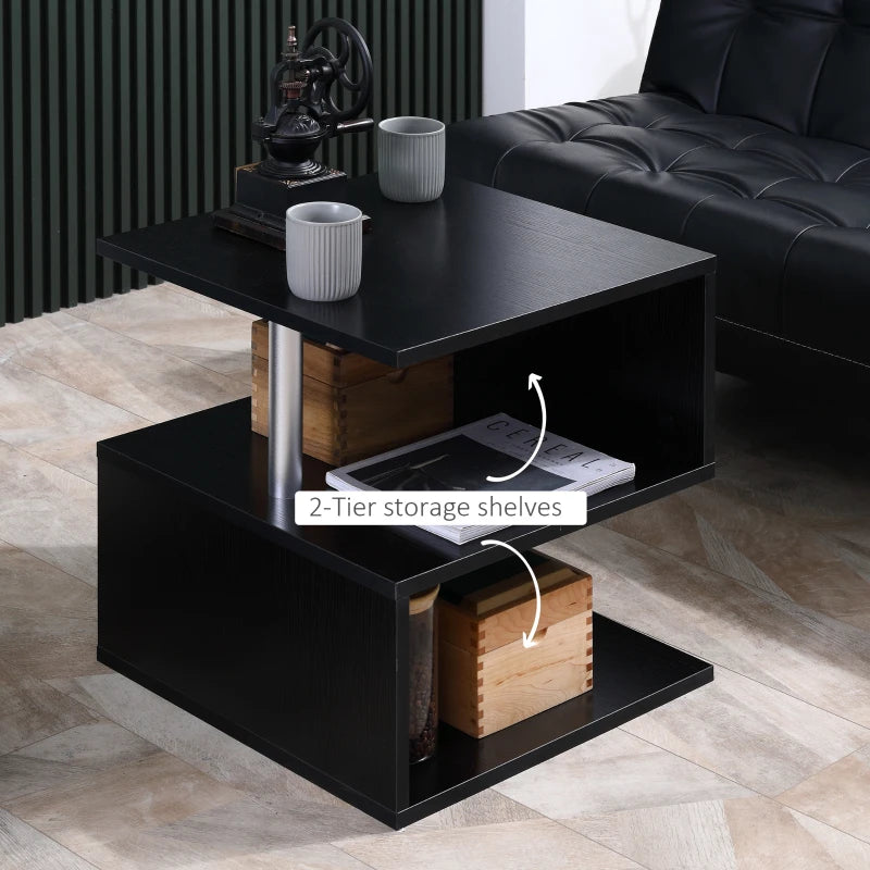 HOMCOM S-Shaped Coffee Table, Cube End Table with 2 Tier Storage Shelves for Living Room, Bedroom, Black