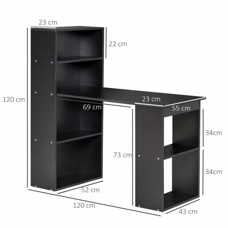 HOMCOM 120cm Modern Computer Desk Bookshelf Writing Table Workstation 6 Shelves - Black