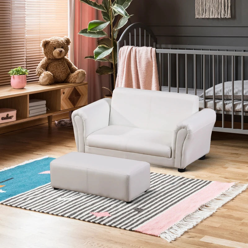 HOMCOM Childrens Sofa Chair, 2 Seater Toddler Chair Kids Twin Sofa Boys Girls Couch w/ Footstool (White)