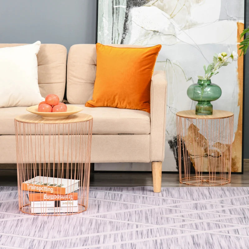 HOMCOM Metal Base MDF Top Duo-Pack Lift-Top Bedside Table Rose Gold