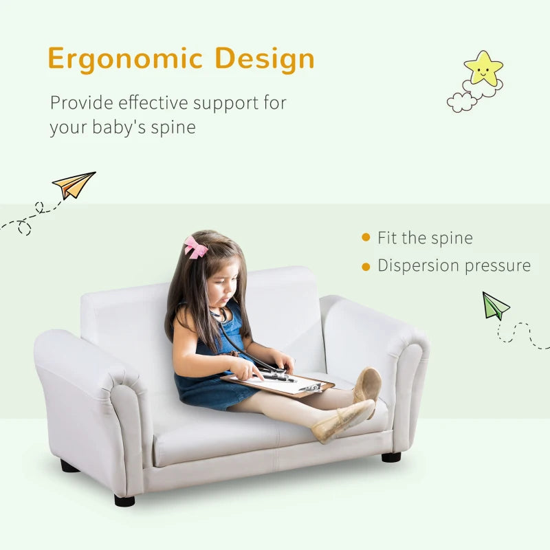 HOMCOM Childrens Sofa Chair, 2 Seater Toddler Chair Kids Twin Sofa Boys Girls Couch w/ Footstool (White)