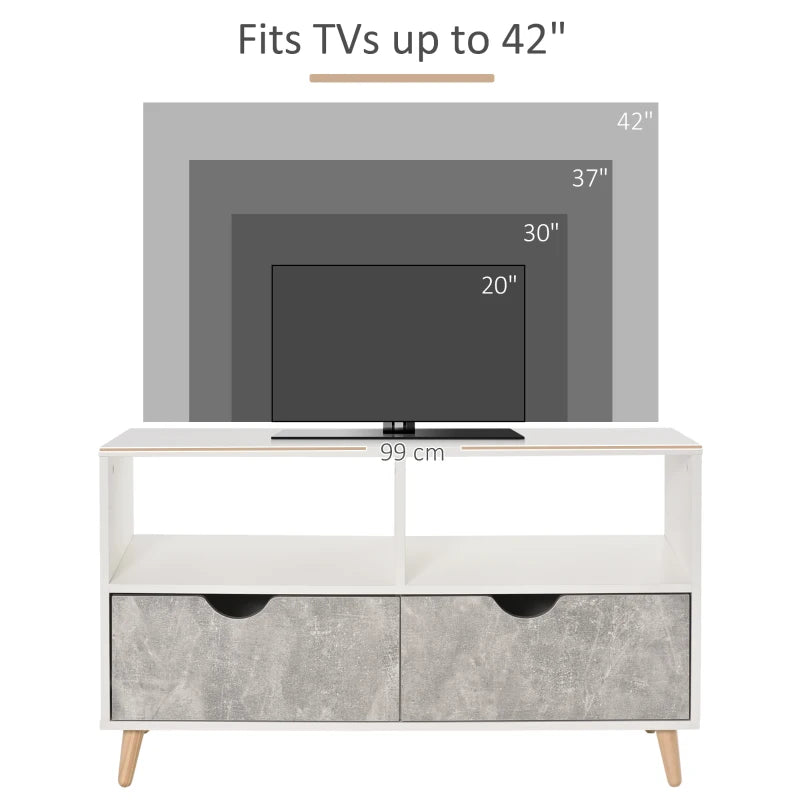 HOMCOM TV Unit for TVs up to 42", TV Stand Cabinet with 2 Open Shelves, 2 Drawers and Wooden Legs, Modern Entertainment Unit for Living Room, Grey