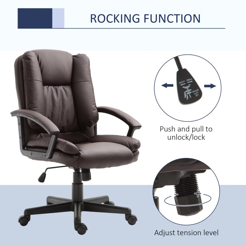HOMCOM Mid Back Executive Office Chair, Faux Leather Computer Desk Chair with Swivel, Double-Tier Padding, Arm, Wheels, Brown