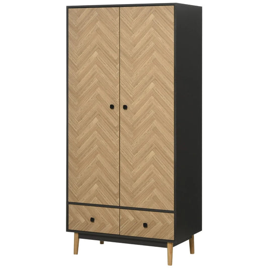 HOMCOM Cloth Wardrobe, Wood Grain Sticker Surface with Shelf, Hanging Rod and 2 Drawers 90x50x190cm