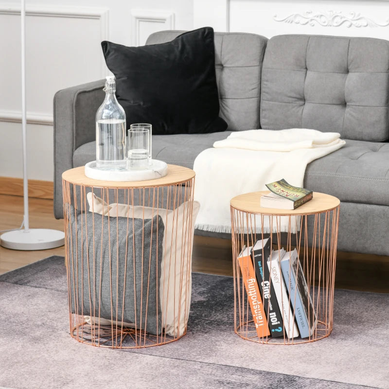 HOMCOM Metal Base MDF Top Duo-Pack Lift-Top Bedside Table Rose Gold