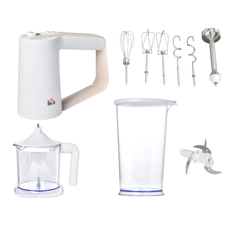 HOMCOM Five-In-One Hand Mixer 500W Electric Whisk Five Speed w/ Stainless Steel Dough Hook Beater Blender Chopper for Kitchen Baking - White
