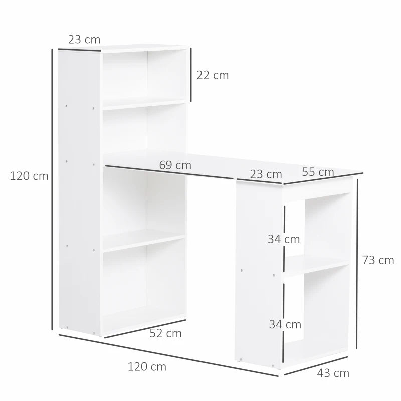 HOMCOM 120cm Modern Computer Desk Bookshelf Writing Table Workstation White 6 Shelves