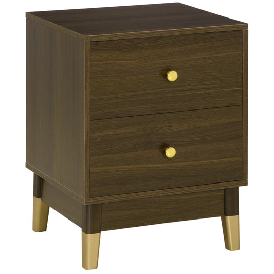 HOMCOM Bedside Table, Modern Nightstand with 2 Drawers, End Side Table for Bedroom and Living Room, Brown